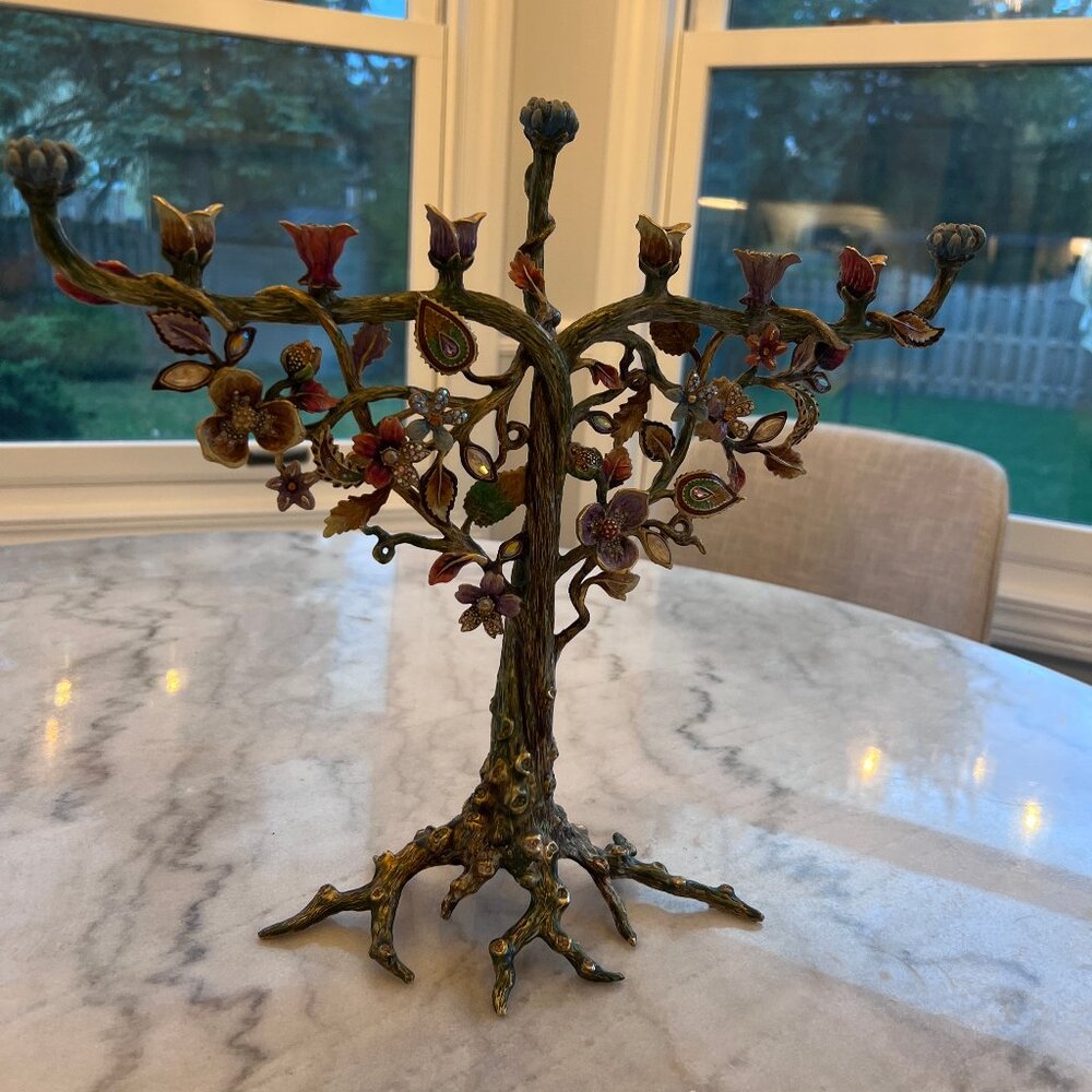 ✨ Jay Strongwater “Tree of Life” Menorah – Handcrafted Enameled & Jeweled Bronze